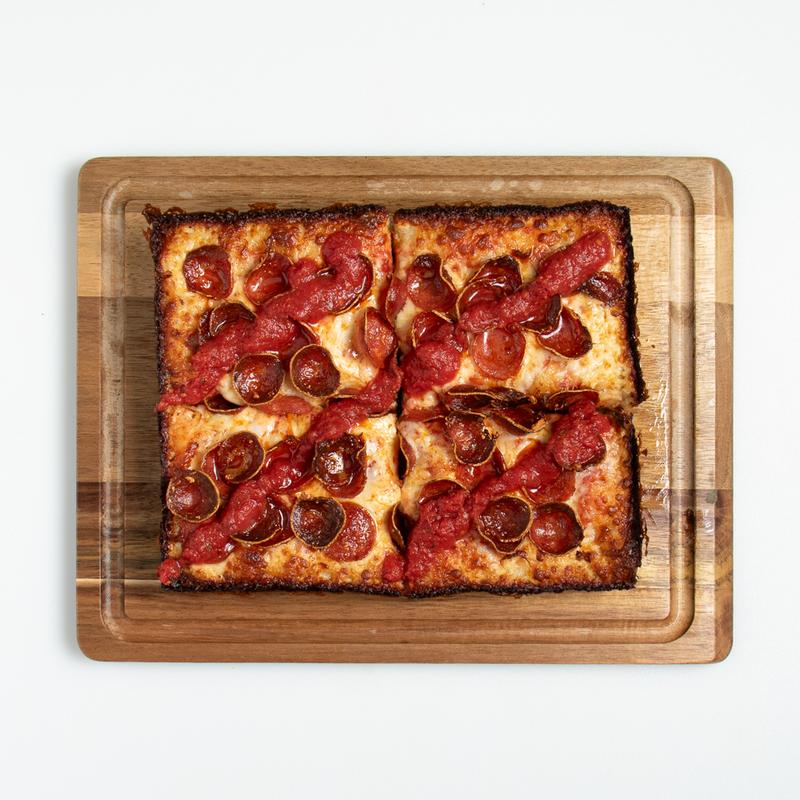 Detroit Classic Roni rectangular Detroit-style pepperoni pizza, Murrieta CA