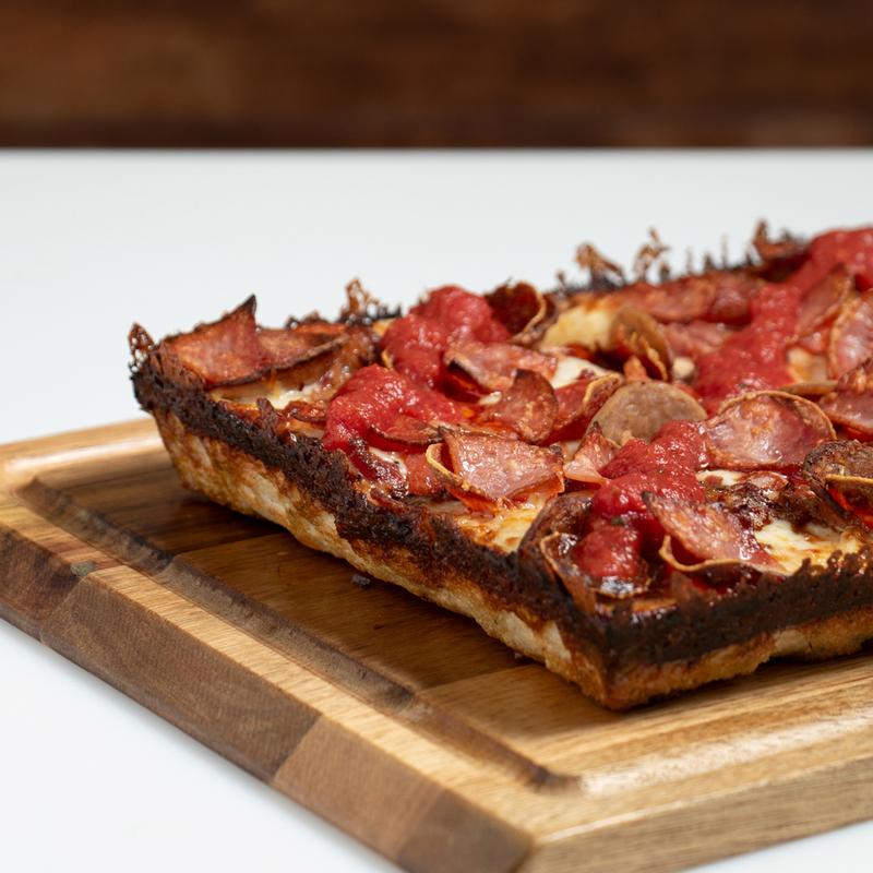 Brick & Steel meat-lovers Detroit-style pizza with pepperoni, ham, bacon and sausage