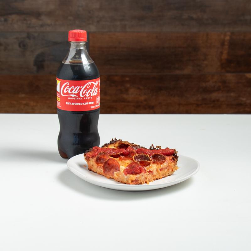 Detroit-style pepperoni slice combo with a 20 oz Coca-Cola